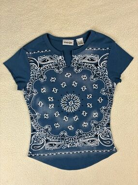 Y2K Energie Blue Paisley Bandana Print V-notch Top Size Medium